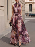 Sleeveless Maxi Floral Dress | Tie Collar and Waist Belt
