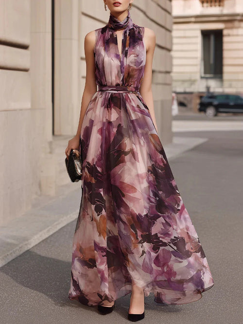 Sleeveless Floral Maxi Dress | Tie Neck and Waist Belt