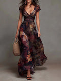 Maxi Pleated Dress | Watercolor Floral Pattern and V-Neckline