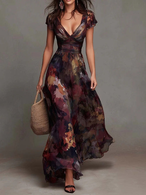 Maxi Pleated Dress | Watercolor Floral Pattern and V-Neckline