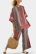 Annalise | Women's Set with Coral-Grey Linen Top