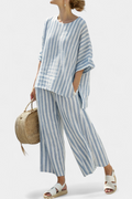 Talia | Women's blue linen striped top set