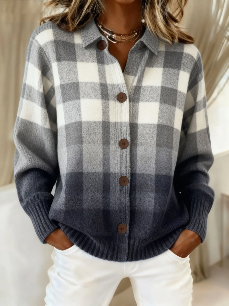 Agnes | Grey Plaid Cardigan with Buttons and Ombre Effect™