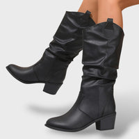 Women's Pleated Western Leather Boots with Block Heel