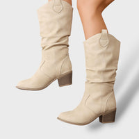 Women's Pleated Western Leather Boots with Block Heel