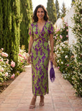 Long Silk Dress with Botanical Design in Olive and Purple