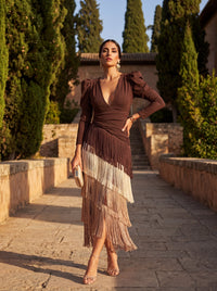 Μακρύ φόρεμα Ronda με κρόσσια σε απόχρωση φασκόμηλου
