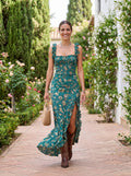 Maxi boho dress with a retro pattern and side slit