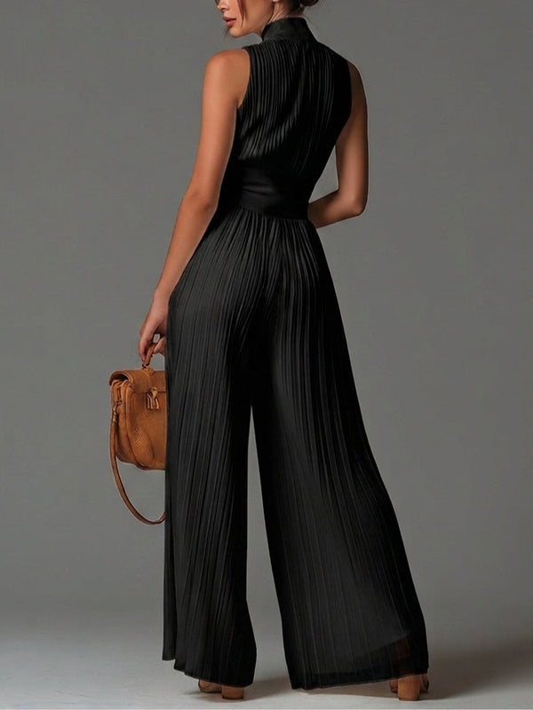Victoire | Black Chiffon Jumpsuit with V-Neck and Wide Pleated Trousers