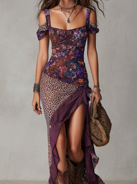 Léonore | Purple Maxi Dress with Leopard and Floral Pattern and High Slit
