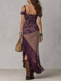Léonore | Purple Maxi Dress with Leopard and Floral Pattern and High Slit