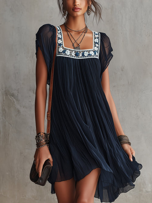 Apolline | Mini Pleated Chiffon Dress with Floral Embroidery
