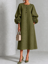 Chambray Denim Midi Dress with 3D Rosettes on the Sleeves™