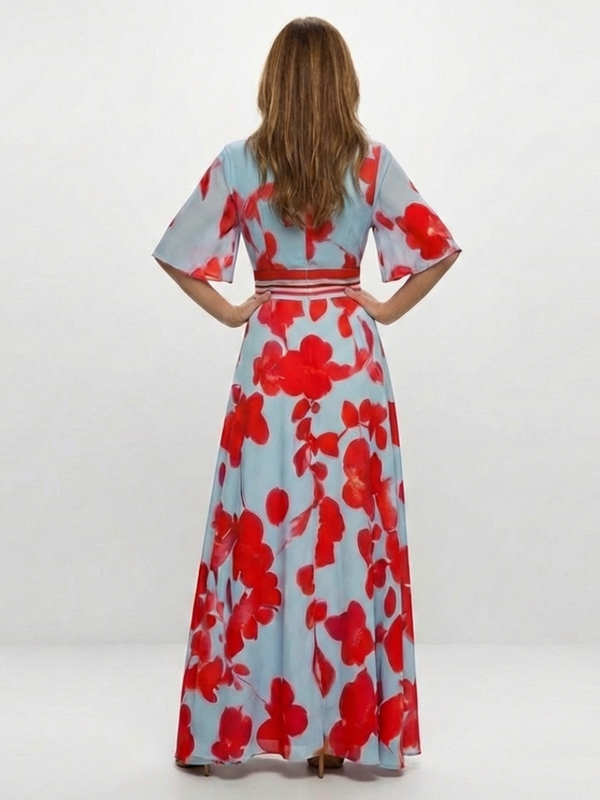 Floral Maxi Dress with V-Neck and Short Sleeves™