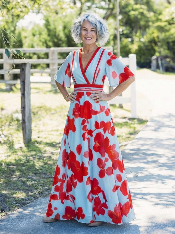 Floral Maxi Dress with V-Neck and Short Sleeves™