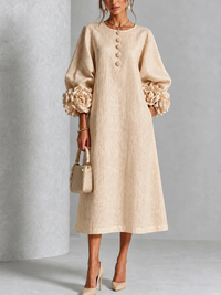 Chambray Denim Midi Dress with 3D Rosettes on the Sleeves™