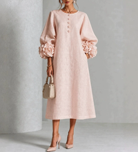 Chambray Denim Midi Dress with 3D Rosettes on the Sleeves™