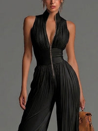Victoire | Black Chiffon Jumpsuit with V-Neck and Wide Pleated Trousers