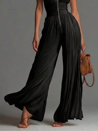 Victoire | Black Chiffon Jumpsuit with V-Neck and Wide Pleated Trousers