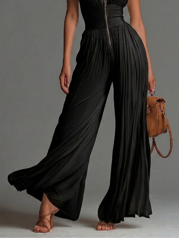 Victoire | Black Chiffon Jumpsuit with V-Neck and Wide Pleated Trousers