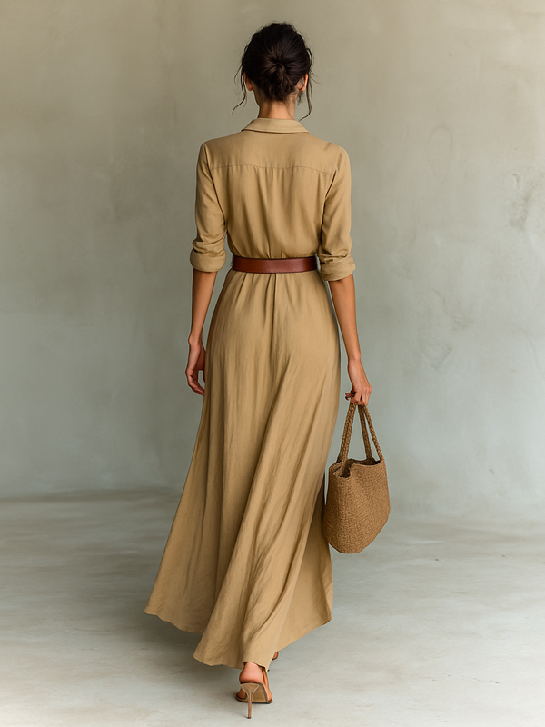 Séverine | Long Maxi Dress with Lapel Collar and Long Sleeves