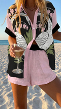 Cigno | Summer Set with Black Floral and Pink Shorts