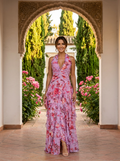 Maxi floral dress with halter neckline and layers