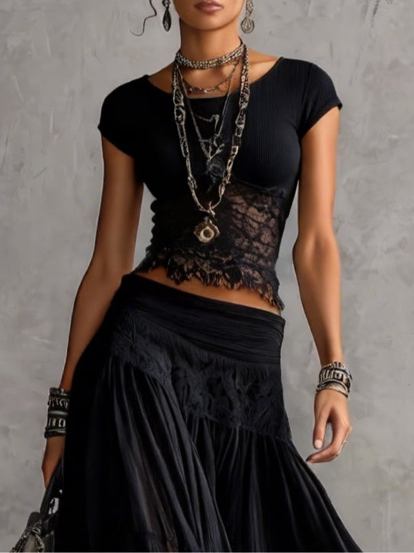 Genevieve | Set with Sheer Black Lace Top and Pleated Maxi Skirt