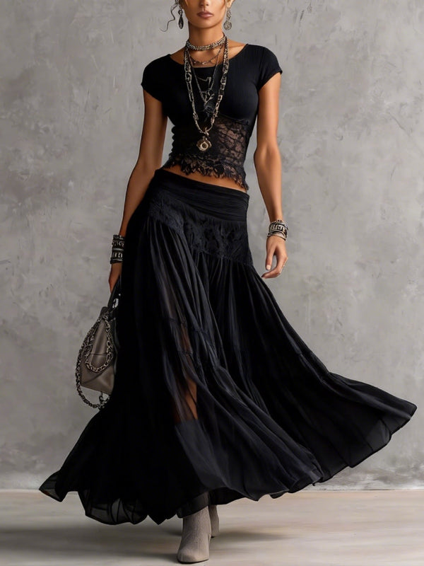 Genevieve | Set with Sheer Black Lace Top and Pleated Maxi Skirt