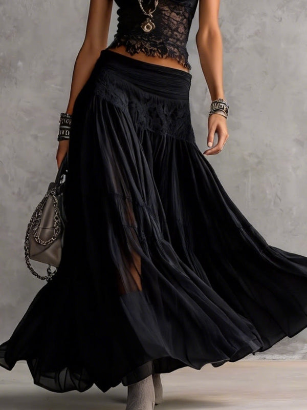 Genevieve | Set with Sheer Black Lace Top and Pleated Maxi Skirt