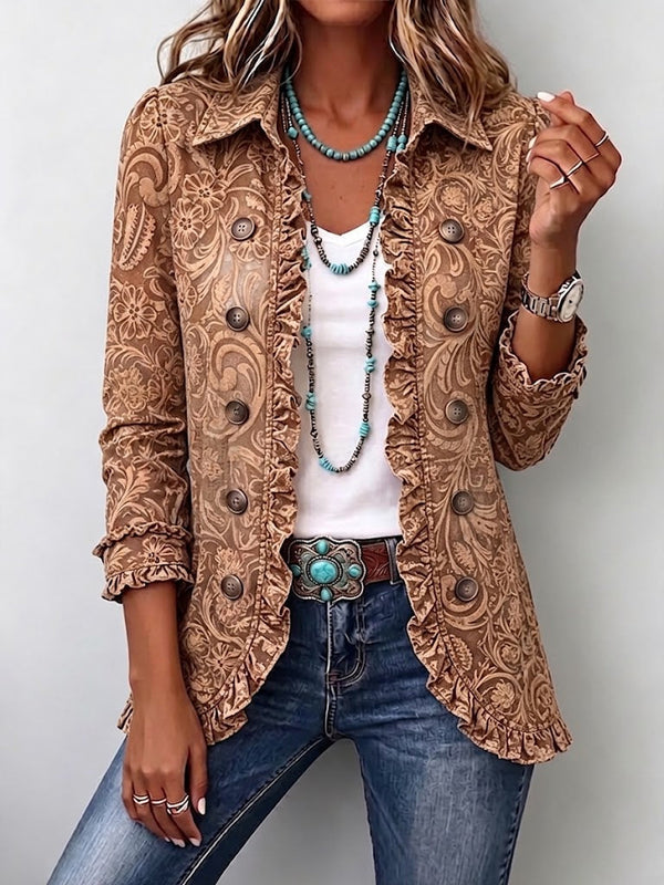 Noémie | Retro Boho Brown Floral Ruffled Jacket™