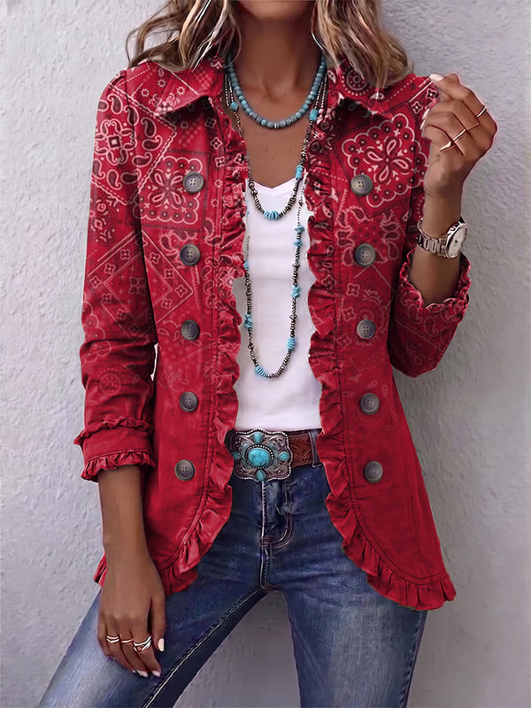Gaëlle | Boho Jacket with Red Paisley Degrade Pattern and Ruffles™