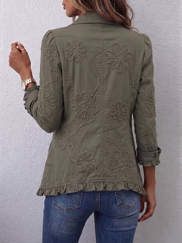 Alexandrine | Boho-Chic Jacket with Retro Green Floral Pattern and Shirred Edges™