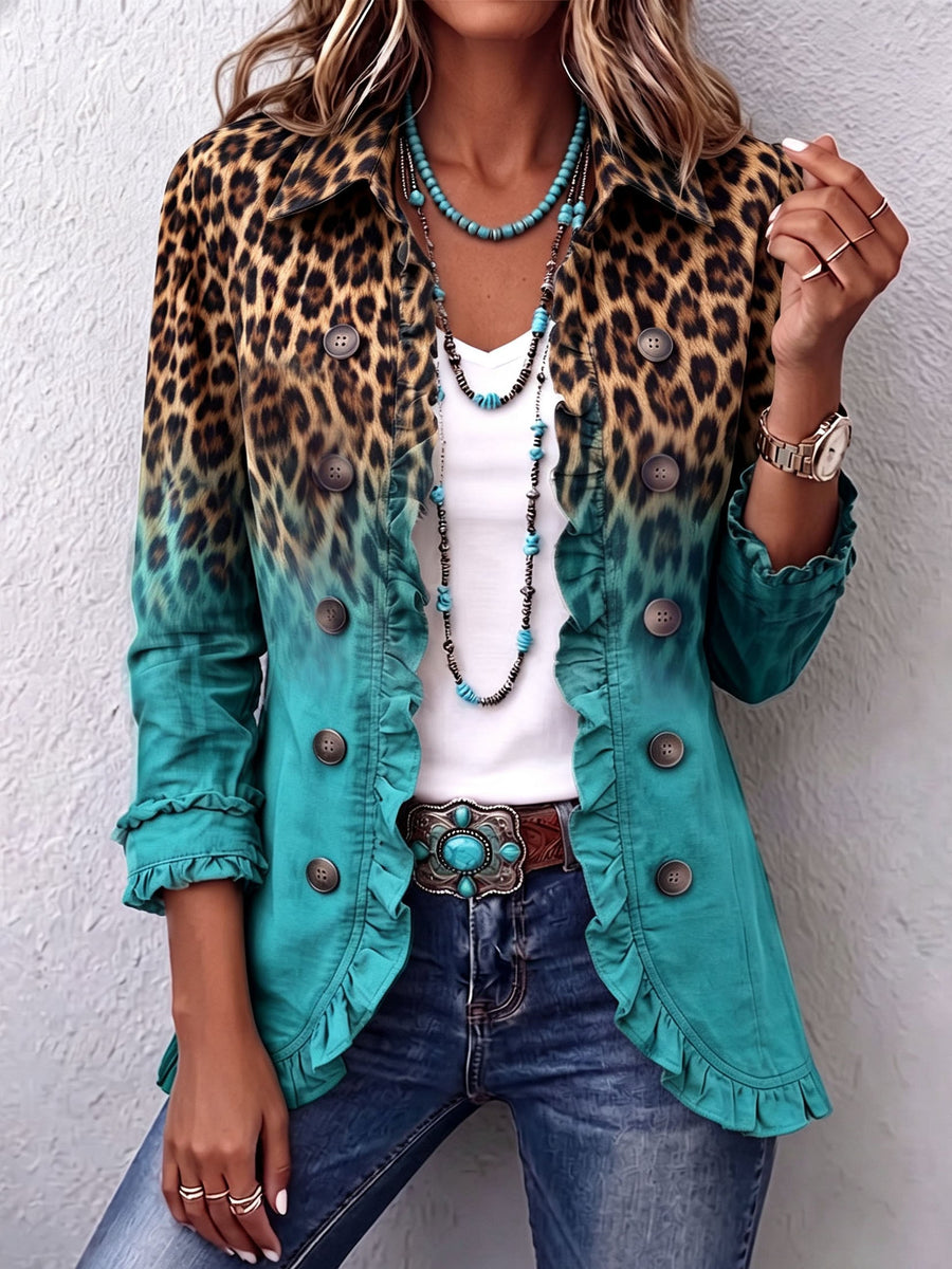 Béatrice | Turquoise Degrade Leopard Blazer with Ruffles™