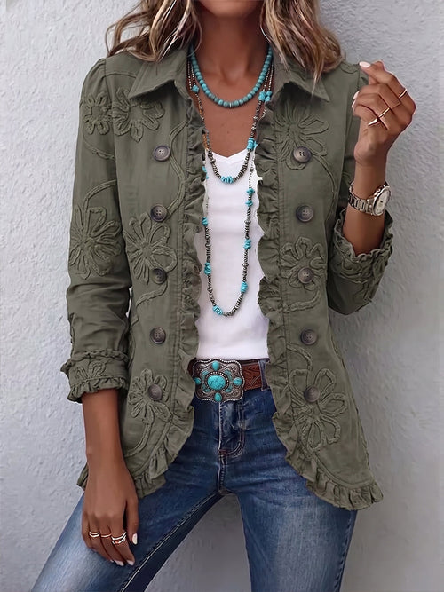 Alexandrine | Boho-Chic Jacket with Retro Green Floral Pattern and Shirred Edges™