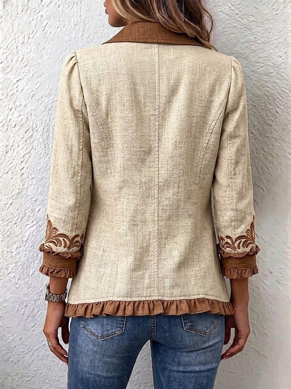 Octavie | Retro Boho Floral Jacket in Camel and Brown with Ruffles™