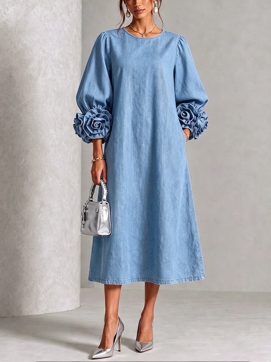 Chambray Denim Midi Dress with 3D Rosettes on the Sleeves™