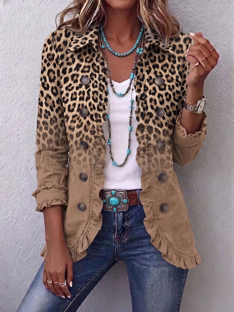 Donatienne | Retro Camel Gradient Leopard Ruffle Jacket™