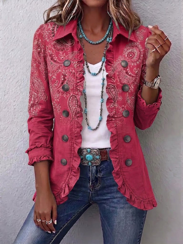 Iseult | Retro Jacket with Antique Rose Paisley Pattern and Ruffles™