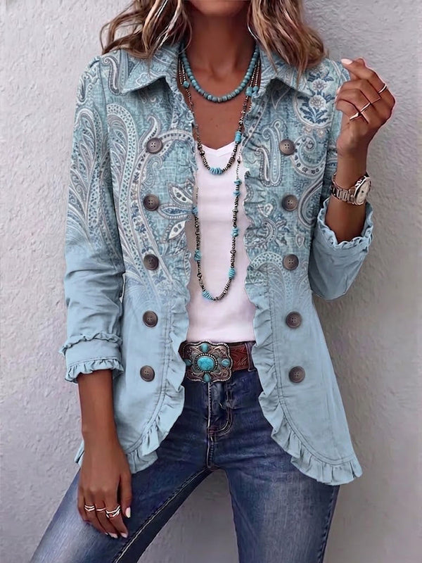 Émilie | Retro Blue Paisley Print Ruffle Jacket™