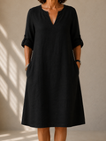 Pauline | Black Midi Dress with Rolled Sleeves
